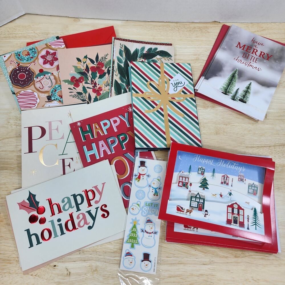32 Assorted Christmas Greeting Cards w Envelopes Holiday Cards Stickers NOS
